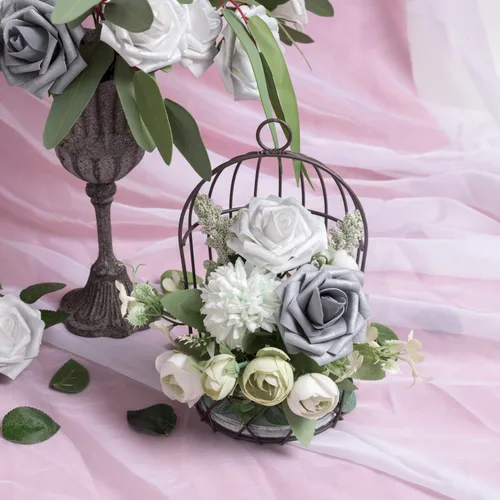 Miniatura 396 de N&T NIETING Flores artificiales, rosas artificiales de color rosa intenso, 50 piezas de flores falsas con tallo para ramos de boda DIY, centros