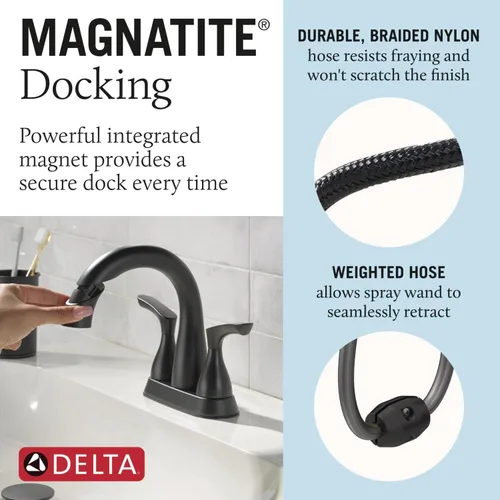 Miniatura 4 de Delta Broadmoor - Grifo central de baño negro mate con rociador, grifo de lavabo de baño de 4 pulgadas y 3 agujeros con rociador extraíble, drenaje