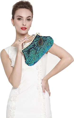 Miniatura 2 de Bolso de noche único de lentejuelas de lujo con cuentas de la boda nupcial del partido del baile de fin de curso bolso de mano (azul pavo real)