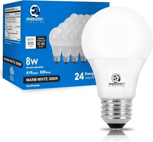 Bombillas Energetic equivalentes a 60 W, bombillas LED blancas cálidas A19, base E26 de 15000 horas, 8 W, 800 LM, bombilla de 3000 K, certificación