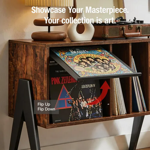 Miniatura 4 de Soporte para tocadiscos con almacenamiento de vinilo y pantalla abatible, soporte giratorio moderno de mediados de siglo, gabinete de almacenamiento