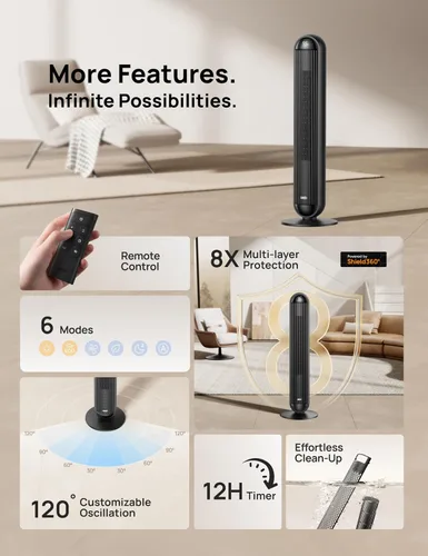 Miniatura 7 de Dreo Combo de ventilador de torre y calentador, ventiladores de pie de 29.2 pies/s para dormitorio, 17 niveles, 6 modos, oscilación de 120°, 42