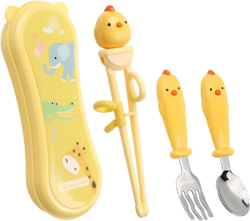 Miniatura 8 de Utensilios para niños pequeños, juego de cubiertos de acero inoxidable con palillos de entrenamiento para niños, cuchara y tenedor