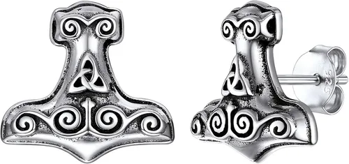 Silvora Norse Viking Jewelry - Aretes de martillo de Thor, plata de ley, nudo celta vintage, aretes de cabeza de lobo para mujeres y hombres