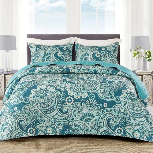 Miniatura 24 de Whale Flotilla Colcha de retazos tamaño individual, colcha floral bohemia extra suave para cama, reversible, ligero, juego de ropa de cama con 1 Azul