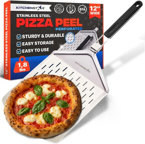Miniatura 8 de KitchenStar Pala de pizza de metal de 12 pulgadas con mango plegable, paleta de espátula de acero inoxidable para transferencia de pizza sin