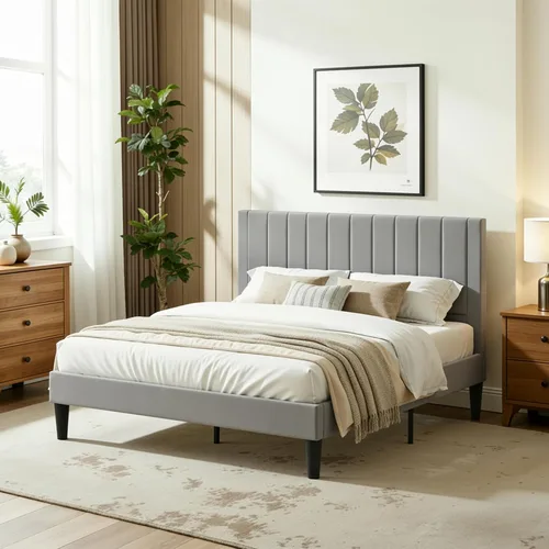 Miniatura 14 de IMUsee Base de cama tapizada de terciopelo de tamaño matrimonial con cabecero, listones de madera fuertes, somier opcional, base de colchón, fácil