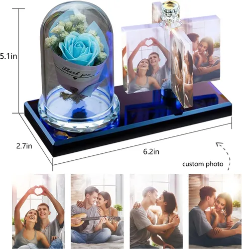 Miniatura 3 de Luz de foto personalizada mexicana LED rosa flor cristal rectangular foto marco personalidad luz 3D cristal foto marco regalo de Navidad, AZUL