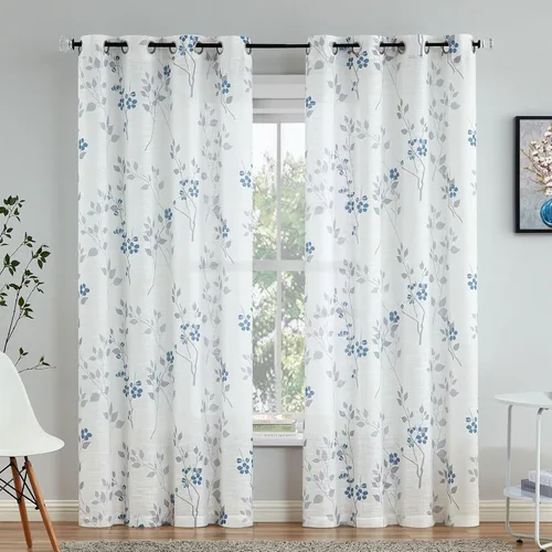 Miniatura 11 de Beauoop 2 paneles de cortinas semitraslúcidas de lino floral de 54 pulgadas de largo, para sala de estar o dormitorio, cortinas rústicas con textura