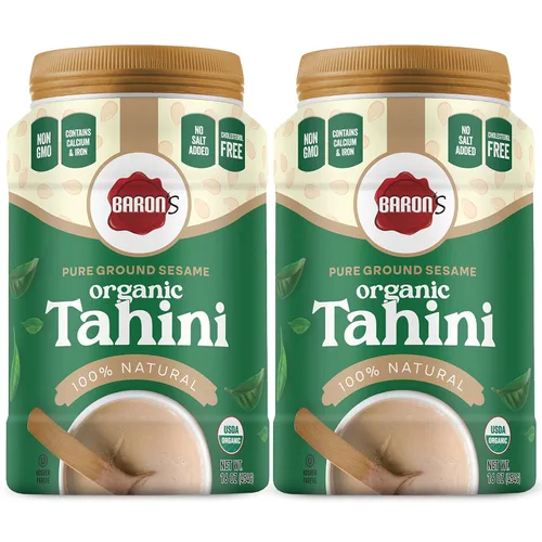 Sésamo Baron's Kosher de Tahini molido, puro, orgánico, certificado por el Departamento de Agricultura de los Estados Unidos. Frascos de 16 onzas