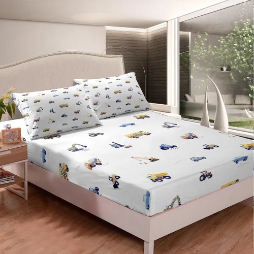 Miniatura 8 de Juego de sábanas bajeras para niños con diseño de caricaturas para niños, equipamiento para camiones, sábana de cama, excavadora, tractor, blanco