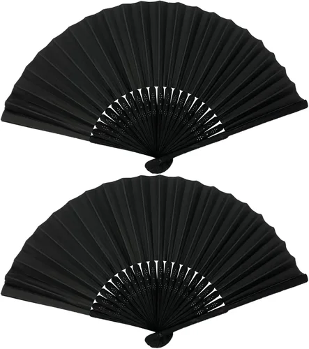 Abanicos plegables de bambú blanco con tela de seda, perfectos para decoración de bricolaje, bodas, fiestas y bailes de verano (negro)