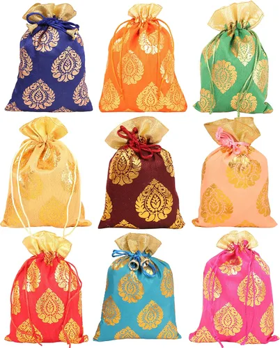 Miniatura 15 de Touchstone Preciosas bolsas de regalo reutilizables, respetuosas con el medio ambiente, brocado de cachemira con cordón grande para cumpleaños