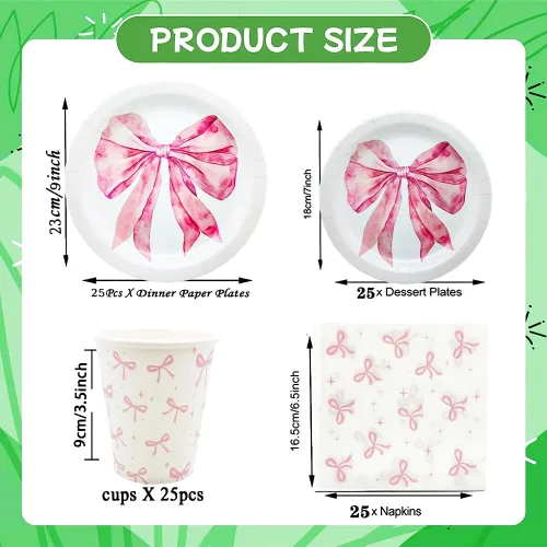 Miniatura 4 de 100 piezas de suministros para fiesta de cumpleaños con lazo rosa, juego de vajilla de lazo rosa de 9 y 7 pulgadas, platos de lazo rosa, tazas