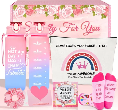 Awfrky - Set de regalo en caja de botella de agua fabulosa de 25oz de color rosa, regalos de cumpleaños para mujeres - Divertidas ideas de regalo de