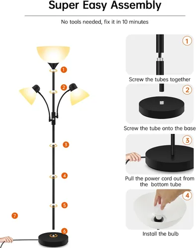 Miniatura 4 de Torchiere - Lámpara de pie para sala de estar, lámpara de pie de 71 pulgadas de alto, lámparas de dormitorio con luz de lectura, interruptor Negro