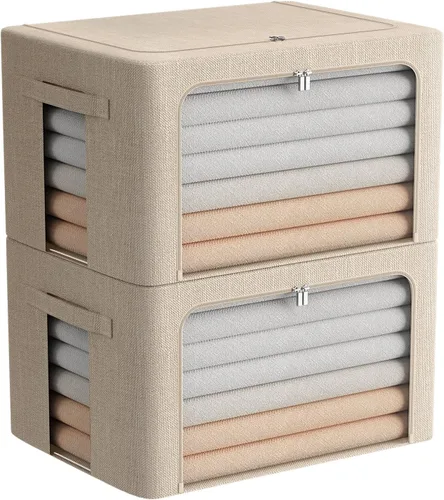Miniatura 10 de FHSQX Paquete de 2 contenedores de almacenamiento de ropa apilables, caja de almacenamiento con marco de metal, organizador plegable de tela de lino
