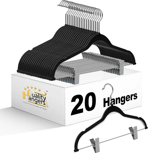 Paquete de 20 perchas de plástico de calidad, no aterciopeladas, compactas y delgadas con clips de metal para faldas, pantalones, blusas, gancho