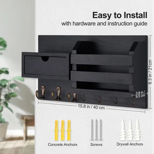 Miniatura 7 de Lwenki Organizador de llaves y correo de pared con cajón de almacenamiento, 100% madera de Paulownia, 7 ganchos de metal, decoración del hogar