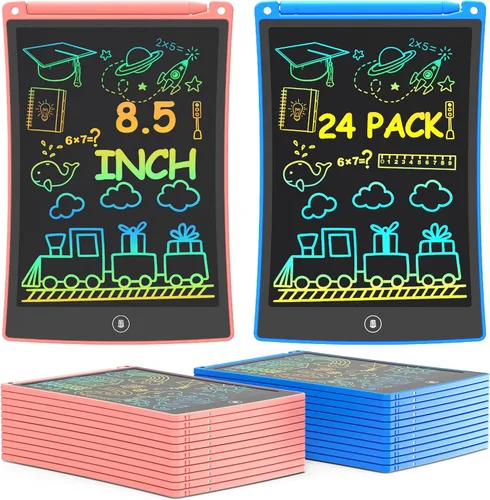 bravokids Paquete de 24 tabletas de escritura LCD con lápiz capacitivo, tablero de dibujo colorido de 8.5 pulgadas para niños, juegos de viaje,