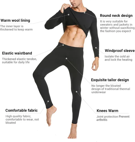 Miniatura 4 de PISIQI Ropa interior térmica para hombre ultra suave con capa base de forro polar para invierno esquí cálido Negro