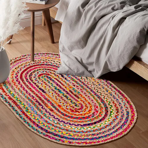 Miniatura 6 de Savi Home Farmhouse - Alfombra Chindi de algodón de yute de 4 x 6 pulgadas, ovalada, multicolor, tejida a mano, alfombra trenzada para sala