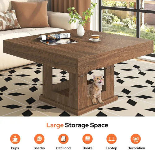 Miniatura 3 de knoworld Mesa auxiliar cuadrada, mesa de centro de madera con almacenamiento y casa para gatos, mesa de cóctel marrón rústica para sala de estar