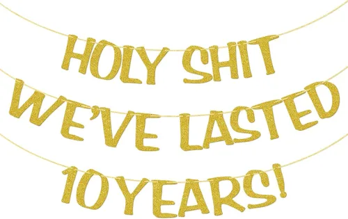 Holy Shit We Lasted 10 Years - Cartel de 10º aniversario de boda, decoración divertida para él, su marido, esposa, padres, pre-encordado, purpurina