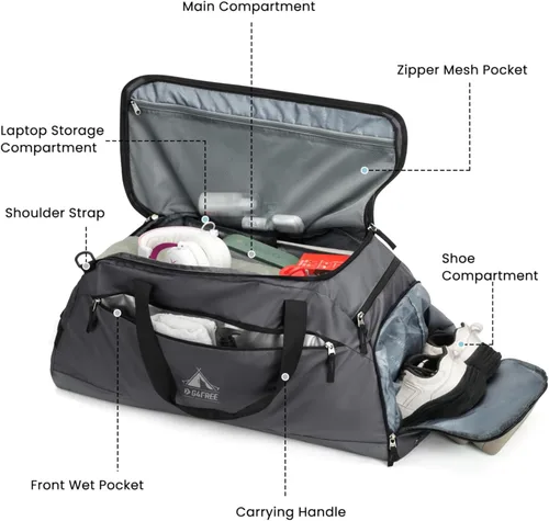 Miniatura 6 de G4Free Bolsa de gimnasio de 60 L, bolsa de lona de 3 vías con compartimento para zapatos y bolsillo húmedo para hombres y mujeres, mochila de lona
