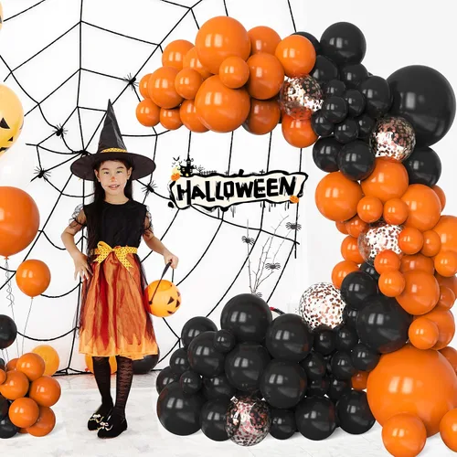 Miniatura 3 de Kit de arco de globos naranjas y negros, 130 globos de confeti de oro rosa para decoración de Pascua, cumpleaños, Halloween, fiesta de cumpleaños