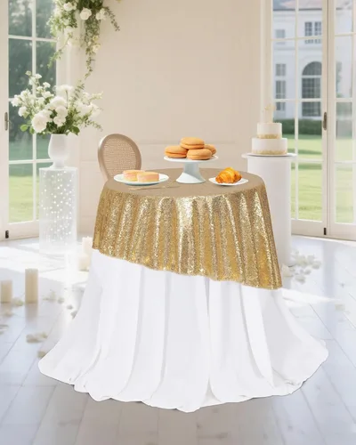 Miniatura 2 de PartyDelight Mantel de lentejuelas redondo de 50 pulgadas, color dorado claro, adorno de mesa para decoración de bodas, fiestas, cumpleaños