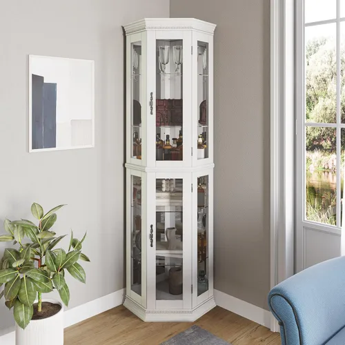 Miniatura 10 de BELLEZE Vitrina Curio con iluminación de 3 lados, puerta de vidrio templado y estantes, gabinete de esquina de madera con bombilla, estante Roble