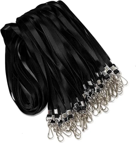 Paquete de 50 cordones negros a granel para portatarjetas de identificación, plano duradero con gancho giratorio y clip para insignia