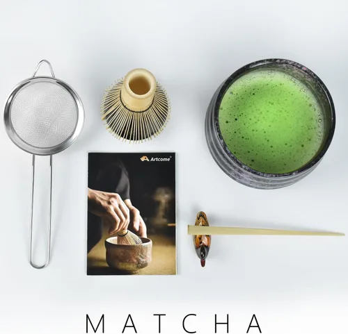 Miniatura 7 de Artcome Kit de ceremonia de matcha para ceremonia de té japonesa, cuenco tradicional de matcha, batidor, cuchara de té, colador de polvo matcha, Cian
