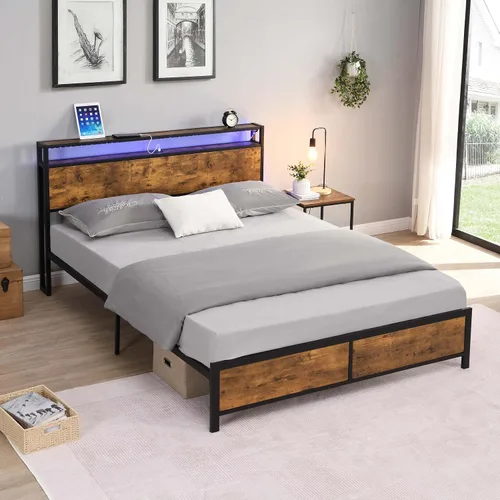 Miniatura 7 de Base de cama de tamaño matrimonial con luces LED y 2 puertos USB, base de cama de plataforma de metal industrial con cabecera de madera