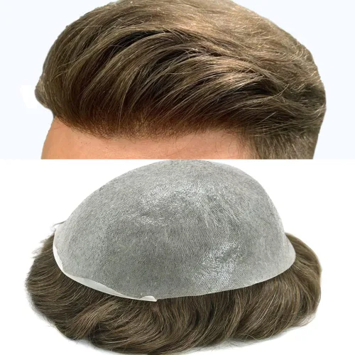 Miniatura 8 de Toupee para hombres, piel ultra fina, 0.002 in, base de poli completa, bucle en V, suave, sistema de reemplazo de cabello humano, pelucas para #1