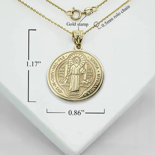 Miniatura 3 de Medalla De San Benito - Collar con colgante de moneda de oro amarillo de 14 quilates con cadena Rolo y colgante solo