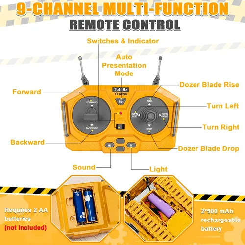 Miniatura 5 de Bulldozer a control remoto, vehículo de construcción RC de metal de 9 canales con luces, sonido y batería recargable, juguete de bulldozer a control