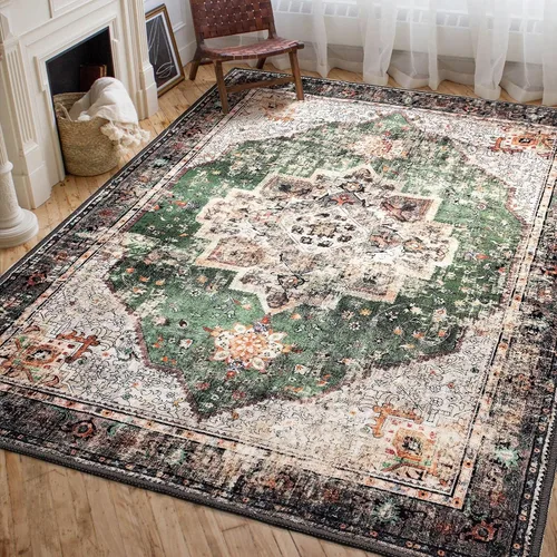 Alfombra de área de 5 x 7 pies para sala de estar, alfombra verde boho antideslizante lavable, alfombra vintage de pelo bajo, alfombra grande para