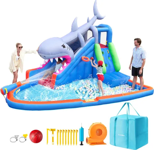 SLOOSH Parque inflable de tobogán acuático para el patio trasero de los niños, toboganes acuáticos 6 en 1 con piscina de salpicaduras, casa de