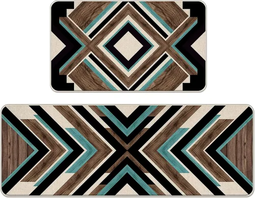 Juego de 2 alfombras bohemias con diseño geométrico azteca occidental, bohemio, marrón, azul, negro, decoración del hogar, granja, minimalista,