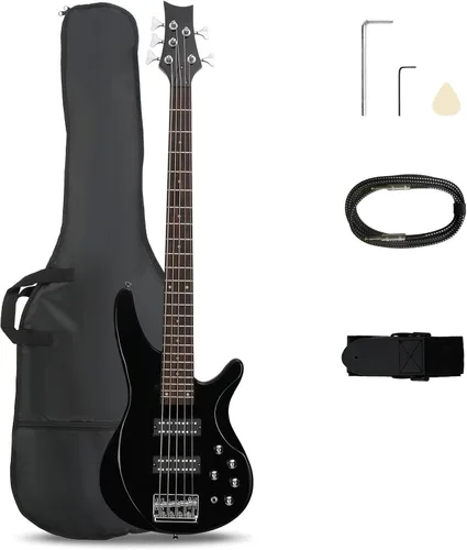 Miniatura 11 de Ktaxon Bajo eléctrico de 5 cuerdas, tamaño completo, kit de bajo estándar, diestro, diapasón de palisandro, con bolsa de concierto, correa, cable