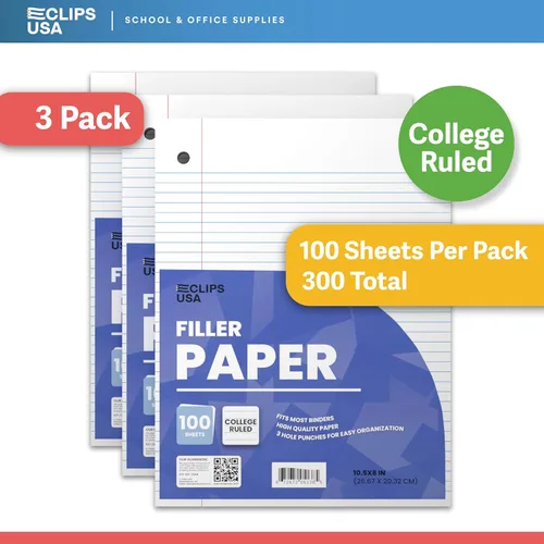 Miniatura 2 de Cuaderno de hojas sueltas con rayas universitarias, papel rayado universitario de 10.5 x 8 pulgadas, 300 hojas, 100 hojas por paquete, 2.12 oz/m²