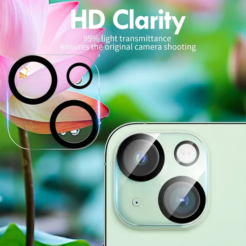Miniatura 7 de Protector de lente de cámara compatible con iPhone 15 y 15 Plus, cubierta de cámara de vidrio templado de dureza 9H, Ultra HD, antiarañazos, fácil