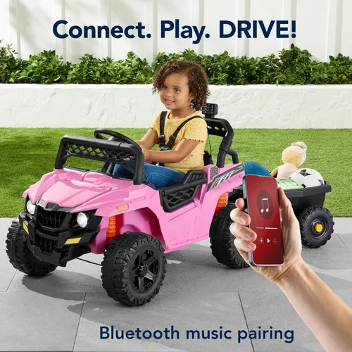 Miniatura 4 de Best Choice Products Carro Eléctrico Montable UTV de 12V para Niños con Remolque con Control Parental, Luces LED, 2 Velocidades, Bluetooth - Rosa