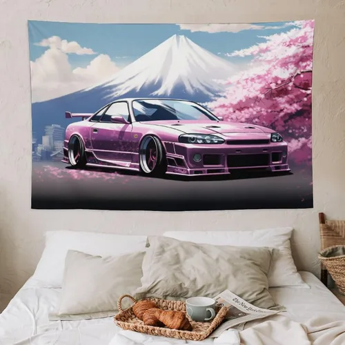 Miniatura 7 de FeoYoed Jdm Car R33 - Tapiz para colgar en la pared, arte de pared para dormitorio, sala de estar, monte japonés, Fuji, flor de cerezo rosa, 40 x 60