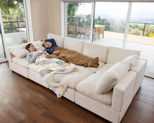 Miniatura 9 de VANOMi Sofá modular, cómodo sofá con marco de madera maciza de 3 asientos, sofá moderno certificado FSC para sala de estar, beige