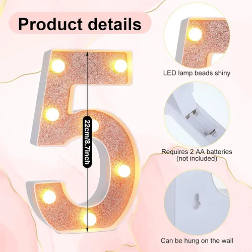 Miniatura 3 de Treela Números LED iluminados decorativos de 8.7'' para cumpleaños, letrero de números de marquesina de purpurina para decoración de fiesta de Oro