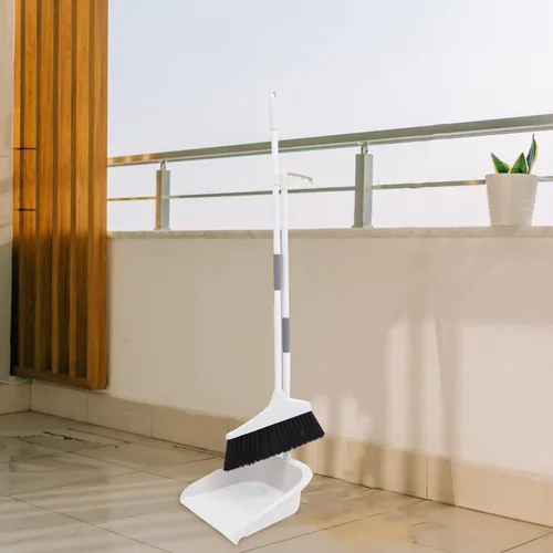 Miniatura 2 de Lurrose Juego de escoba y recogedor resistente para suelos con cerdas suaves y mango largo ergonómico para azulejos de cocina y superficies de Blanco