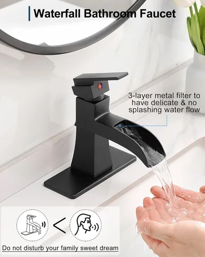 Miniatura 2 de Grifo de Cascada, Grifo de Lavabo de Baño de Latón Negro de 1 Orificio o 3 Orificios (4 Pulgadas) con Mango Único, Desagüe Pop-Up, Mangueras